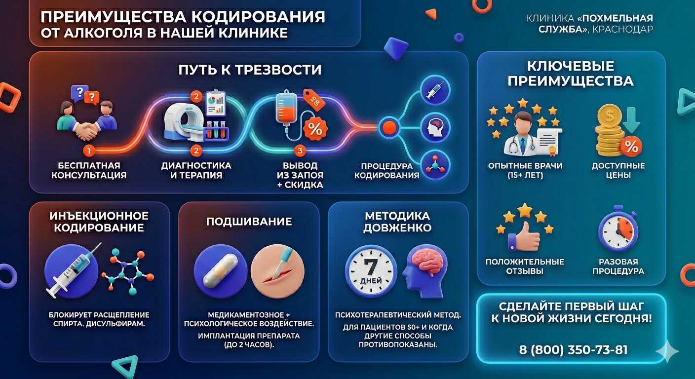 Инфографика о методах кодирования от алкоголя в Поповке: инъекции, подшивание, метод Довженко. Преимущества клиники и этапы лечения.