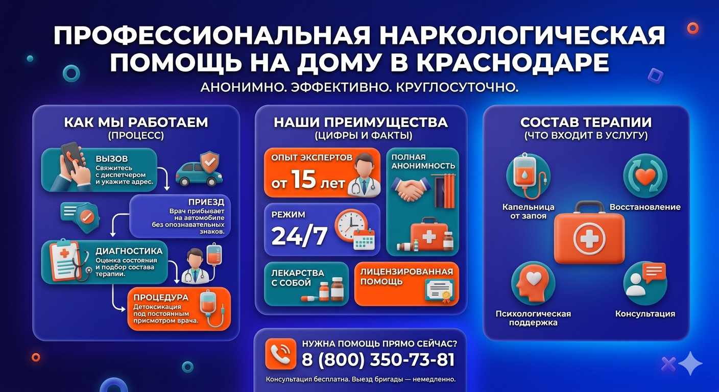 Инфографика о принципах лечения алкоголизма на дому в Поповке: этапы вызова нарколога, преимущества анонимной детоксикации и состав медицинской помощи.